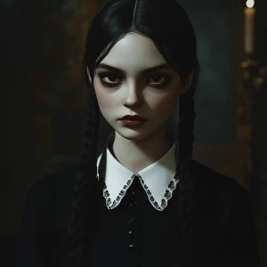 A brooding teenage girl with pale skin and piercing dark eyes, f...