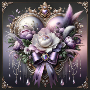 Picture an opulent heart-shaped frame adorned with pearls and go...