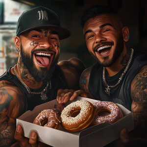 multiple boys, 2boys, male focus, tattoo, beard, food, facial ha...