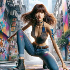 teenage girl, long brown hair and bangs, wearing tight skinny jeans and a halter top paint marks on her clothing, heroic pose Asian graffiti background, nearing on one knee