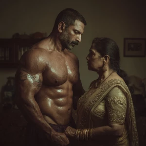 Hyperrealism image.a muscular beefy tattoed gujarati sweaty  man...