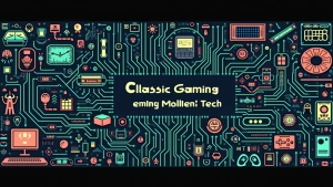 Create a YouTube channel banner that captures a retro gaming and...