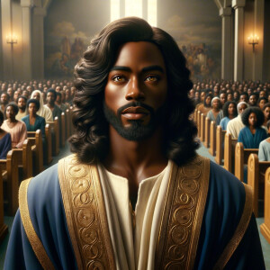 Illustrate an inspiring African-American Jesus crust with a dign...