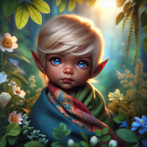 An elven baby with dark brown skin, blue eyes, and blonde hair.