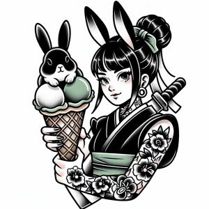 Anime-style woman grasping a cone with rabbit-shaped ice cream o...