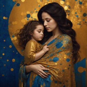 Create an image in the style of Gustav Klimt depicting a mother...