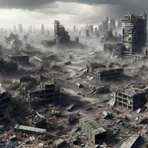 Design a hyper-realistic illustration of a dystopian battlefield...