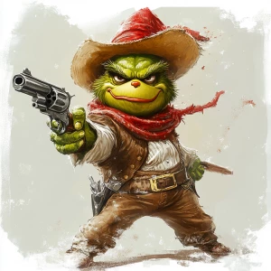 Grinch with a gun in his hands as a bandit. Use carton style. .