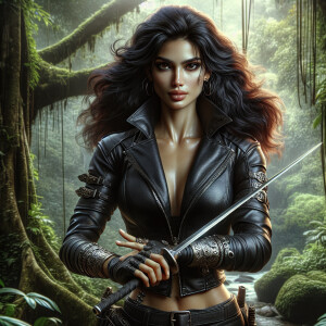 Powerful female warrior, strong but beautiful, engaging eyes, th...