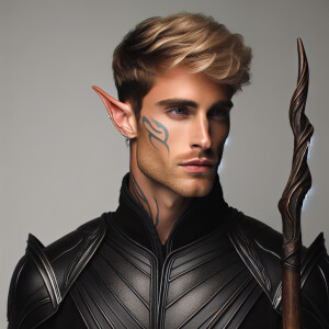 A very attractive, clean shaven elven man with short, swept back...