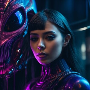 A fusion of a girl and morbid alien symbiotic close up fusion in...