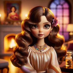 Create an image of a stylized, Latino doll-like girl seated in a cozy living room with a warm fireplace. She has voluminous, wavy hair cascading over her shoulders, tinted with shades of chestnut and mocha. Her large, expressive eyes are a deep brown, fringed with long, fluttery lashes. A delicate pink flower tucks behind one ear, complementing her youthful glow. She wears a gold, pink, and blue body on dress with soft, flowing fabric that drapes elegantly over her small frame. Around her neck is a dainty necklace adorned with beads and a gentle sprinkle of gemstones reflecting subtle light. In her hand, she holds a pearly seashell as a charming accessory. Behind her, the living room is inviting, with plush furnishings, a mantelpiece adorned with family photos and trinkets, and a crackling fireplace that casts a comforting glow and dancing shadows around the room, enhancing the ambiance of a serene home setting