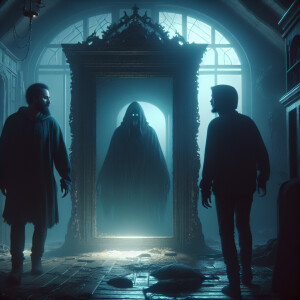 Two men and one woman, while in a scary house, found a gloomy mi...