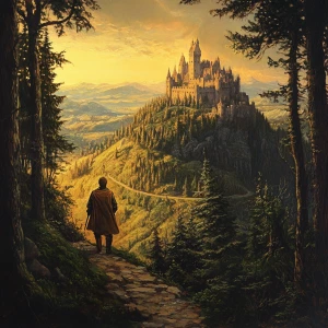 a medieval man looking at a massive and magnificent medieval kin...