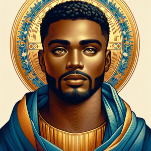 Create a beautiful African-American Jesus Christ with Hazel, brown eyes and blue and gold robe