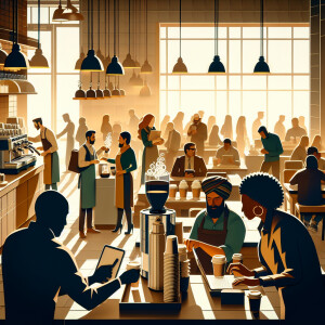 Interior of a bustling urban coffee shop during the morning rush...