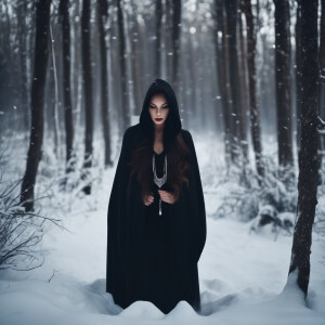 Black hood beautiful witch in the middle of snowy forest