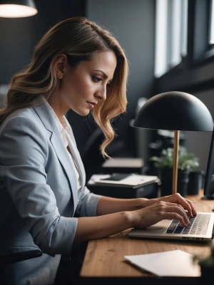 Women in office doing work on her laptop