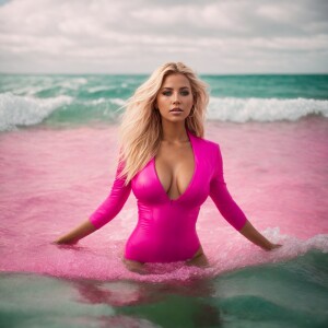 Voluptuous caucasian female,  blonde hair,green eyes, wearing a...