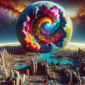 Design an 8K resolution 3D illustration of a hollow Earth with a...