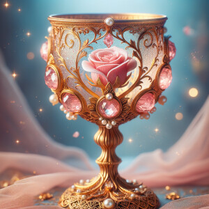 A fantastical and ornate golden goblet cradles a single, delicat...