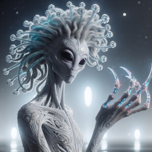 A white extraterrestrial with metallic pins as hair, covered in...