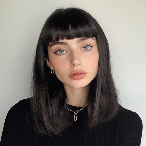a woman, look to the camera, Straight bangs Hairstyle, Blunt, fo...
