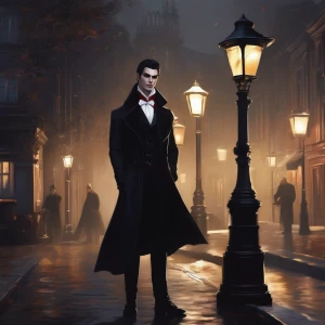 A pale vampire standing under a flickering streetlamp, wearing a high-collared black coat and a slight smirk.