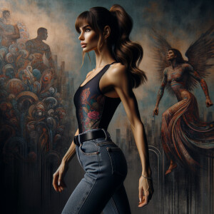 Athletic Thin skinny Attractive, Asian teenage girl, long brown hair and bangs, wearing tight skinny jeans and a halter top paint marks on her clothing, heroic pose Asian graffiti background, side view