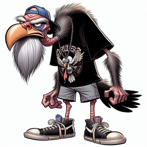 Cartoonish turkey Vulture with a long  grey beard, wearing a bla...