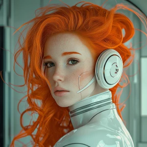 Create photorealistic an image of a ginger-haired woman who embo...