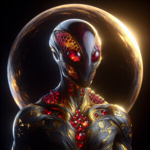 A hybrid alien encased in a glowing sphere. Skin tattooed with a...