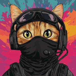 A wide-eyed ginger cat wearing a black tactical balaclava (or ma...
