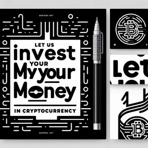 Create a black and white advertisement featuring the bold text "Let Us Invest Your Money in Cryptocurrency" superimposed on a stark, heavy black line drawing of a Bitcoin symbol in the background.