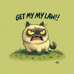 a cute angry cat yelling "Get Off My Lawn!", standing on a grass...