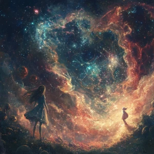 Create a 2D artwork featuring a girl encountering aliens in the...