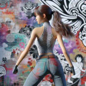 Athletic Thin skinny Attractive, Asian teenage girl, long brown hair and bangs, wearing tight skinny jeans and a halter top paint marks on her clothing, heroic pose Asian graffiti background, backside view