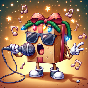 A Christmas gift box with sunglasses, holding a microphone and r...