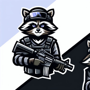 A tactical racoon with a modern military helmet, and holding a m...