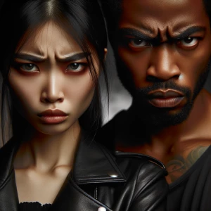 A sinister-looking couple displaying expressions of anger and ma...