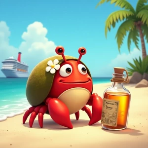 Create a charming cartoon image of a female red hermit crab, coc...