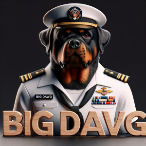 A mean Rottweiler, the Rottweiler is a US Navy officer in a white uniform, down below, spells the words BIG DAWG