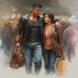 Realism art.a  indian criminal sweaty muscular beefy man ,walkin...