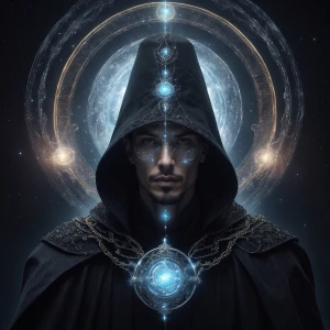 "Envision a hyper-realistic, surreal portrait of an enigmatic ma...