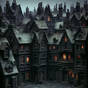 A row of dark, nondescript Gothic-style Victorian houses, their...