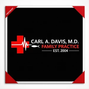 Design a professional medical sign with a black background, acce...