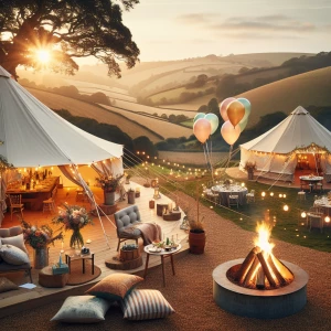 Glamping birthday party with Bell Tent decorated with lights and...