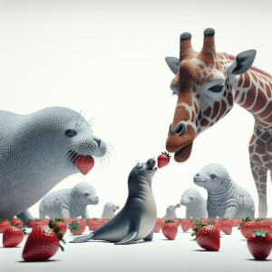 A little blue and gray sea Seal and giraffe eating strawberries...