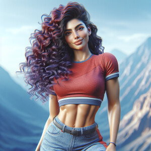 Create a 3D motion graphic of a toned woman with long, curly pur...