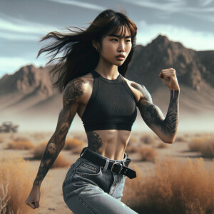 Thin Asian teen girl wearing tight jeans and a halter top Long brown hair and bangs, tattoos on her arms, athletic heroic pose